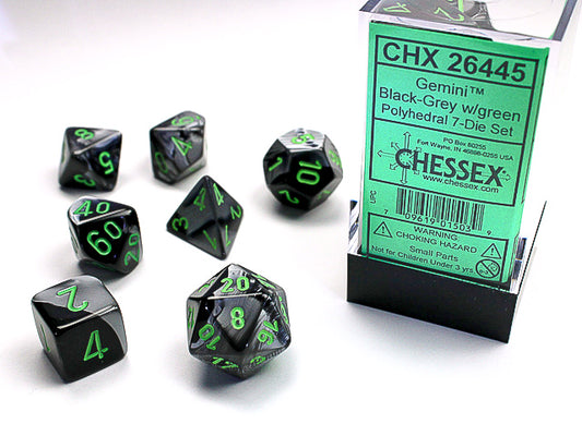 Chessex: 7 Piece Dice Set - Gemini Black-Grey/Green