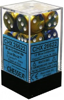 Chessex: 12D6 16MM Dice - Gemini Blue-Gold/White
