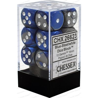 Chessex: 12D6 16MM Dice - Gemini Blue-Steel/White