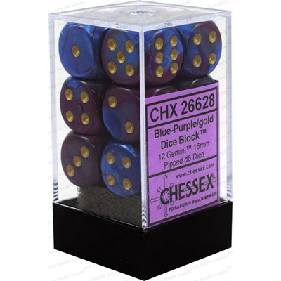 Chessex: 12D6 16MM Dice - Gemini Blue-Purple/Gold