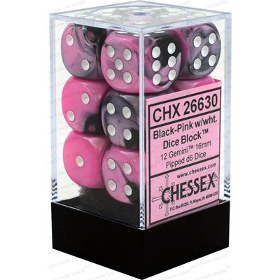 Chessex: 12D6 16MM Dice - Gemini Black-Pink/White