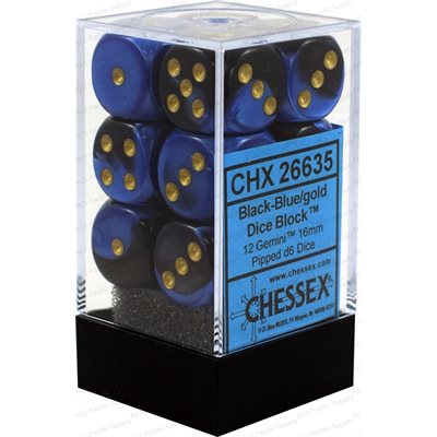 Chessex: 12D6 16MM Dice - Gemini Black-Blue/Gold