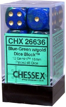 Chessex: 12D6 16MM Dice - Gemini Blue-Green/Gold