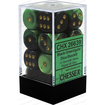 Chessex: 12D6 16MM Dice - Gemini Black-Green/Gold