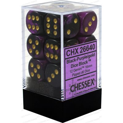 Chessex: 12D6 16MM Dice - Gemini Black-Purple/Gold