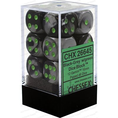 Chessex: 12D6 16MM Dice - Gemini Black-Grey/Green