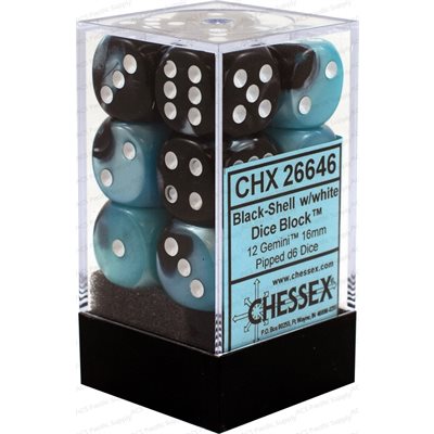 Chessex: 12D6 16MM Dice - Gemini Black-Shell/White