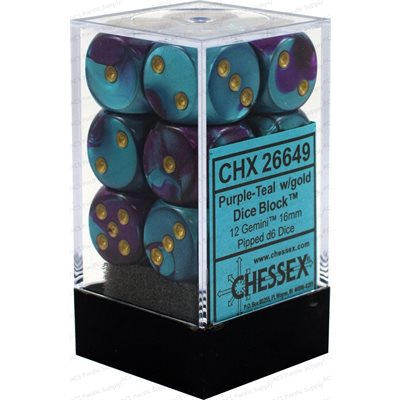 Chessex: 12D6 16MM Dice - Gemini Purple-Teal/Gold