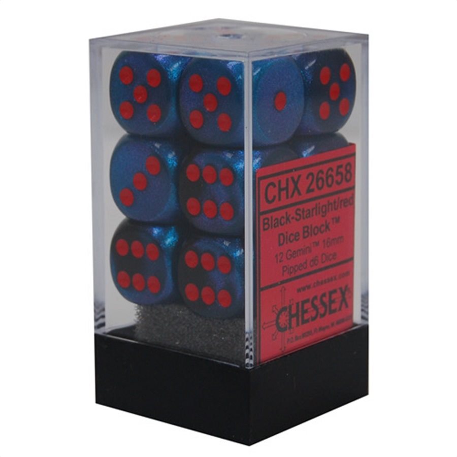 Chessex: 12D6 16MM Dice - Gemini Black-Starlight/Red