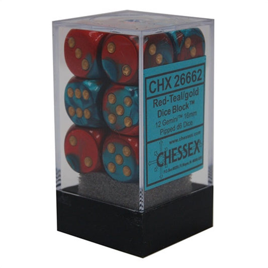 Chessex: 12D6 16MM Dice - Gemini Red-Teal/Gold