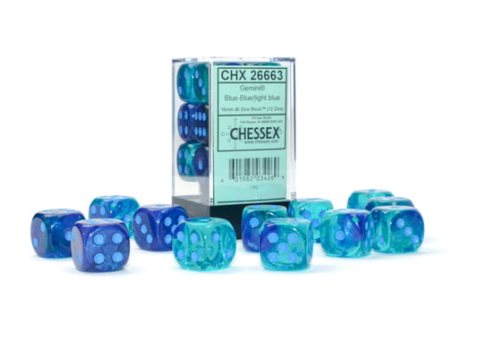 Chessex: 12D6 16MM Dice - Gemini Blue/Light Blue Luminary