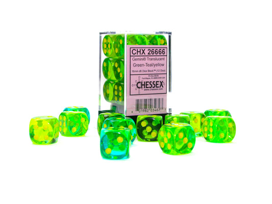 Chessex: 12D6 16MM Dice - Gemini Translucent Green-Teal/Yellow