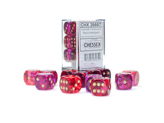 Chessex: 12D6 16MM Dice - Gemini Translucent Red-Violet/Gold