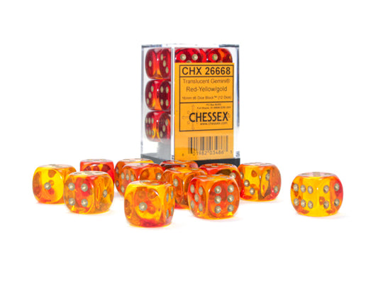 Chessex: 12D6 16MM Dice - Gemini Translucent Red-Yellow/Gold