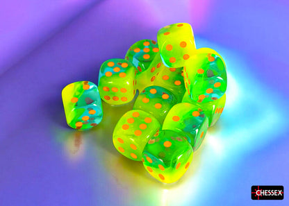 Chessex: 12D6 16MM Dice - Gemini Plasma Green-Teal/Orange Luminary