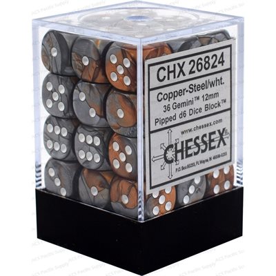 Chessex: 36D6 12MM Dice - Gemini Copper-Steel/White