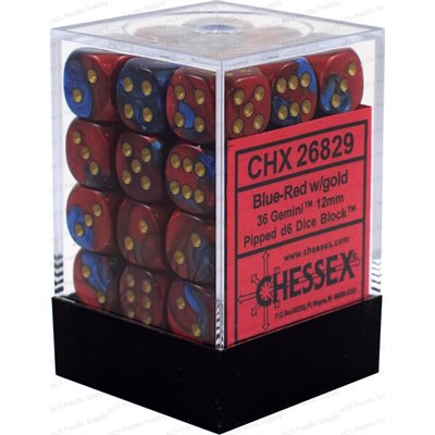 Chessex: 36D6 12MM Dice - Gemini Blue-Red/Gold