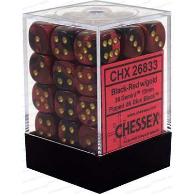 Chessex: 36D6 12MM Dice - Gemini Black-Red/Gold