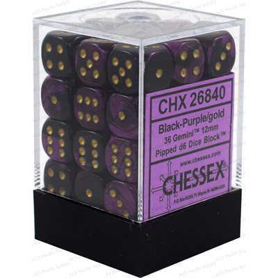 Chessex: 36D6 12MM Dice - Gemini Black-Purple/Gold