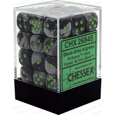 Chessex: 36D6 12MM Dice - Gemini Black-Grey/Green