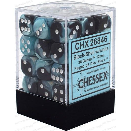 Chessex: 36D6 12MM Dice - Gemini Black-Shell/White