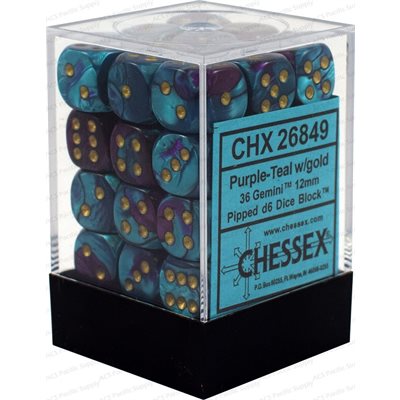 Chessex: 36D6 12MM Dice - Gemini Purple-Teal/Gold