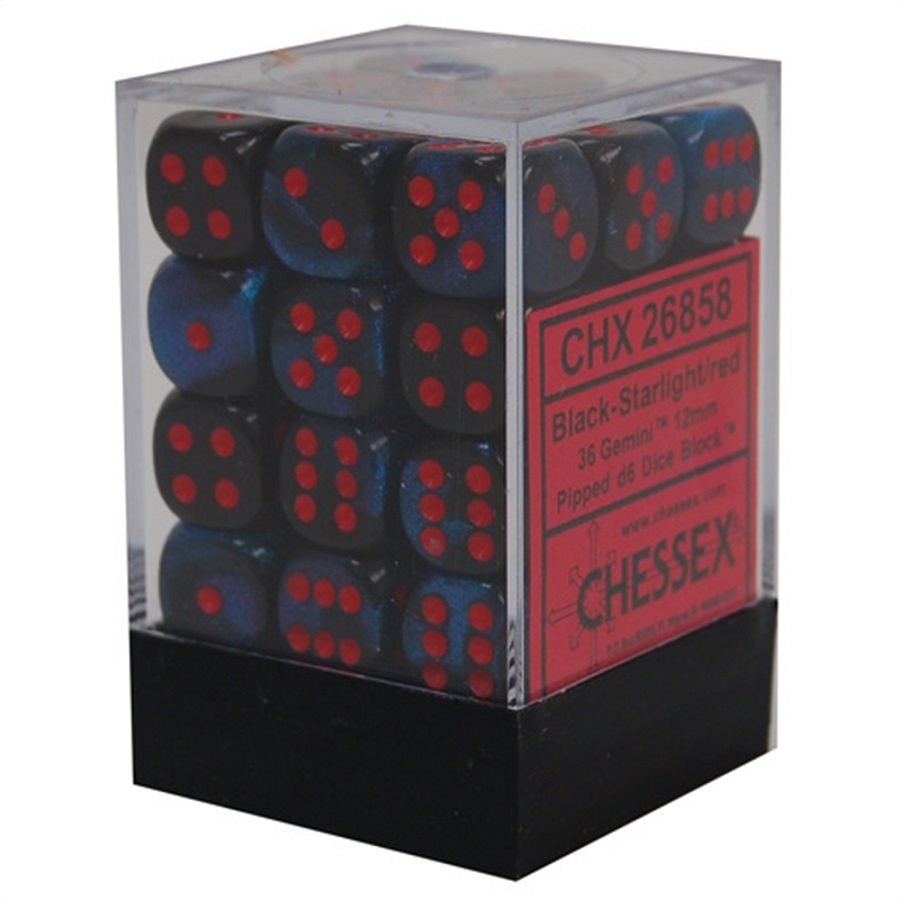 Chessex: 36D6 12MM Dice - Gemini Black-Starlight/Red