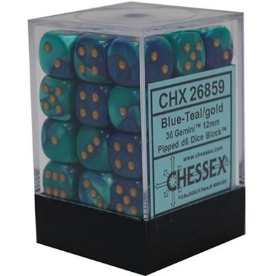 Chessex: 36D6 12MM Dice - Gemini Blue-Teal/Gold