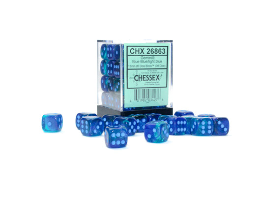 Chessex: 36D6 12MM Dice - Gemini Blue/Light Blue Luminary
