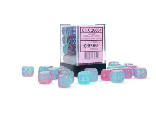 Chessex: 36D6 12MM Dice - Gemini Gel Green-Pink/BlueLuminary