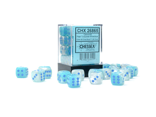 Chessex: 36D6 12MM Dice - Gemini Pearl Turquoise-White/Blue Luminary