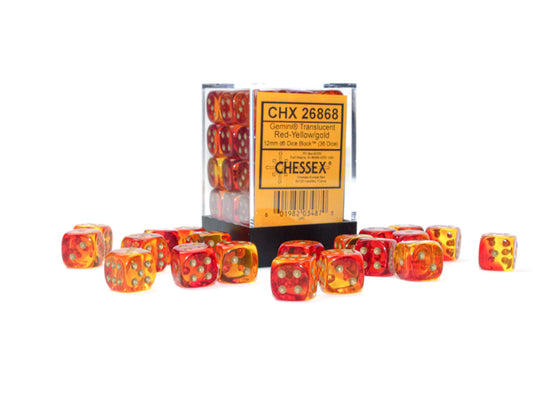 Chessex: 36D6 12MM Dice - Gemini Translucent Red-Yellow/Gold
