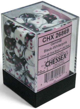 Chessex: 36D6 12MM Dice - Gemini Black-White/Pink
