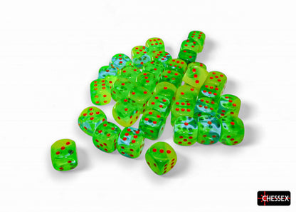 Chessex: 36D6 12MM Dice - Gemini Green-Teal/Orange Luminary