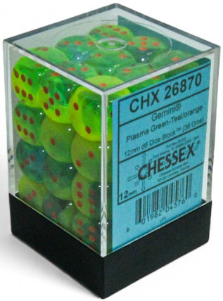 Chessex: 36D6 12MM Dice - Gemini Green-Teal/Orange Luminary