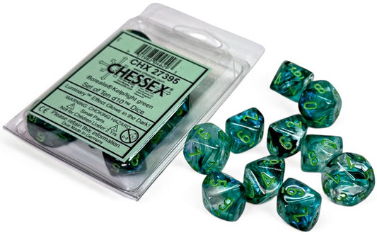 Chessex: 10D10 Dice - Borealis Kelp/Light Green Luminary