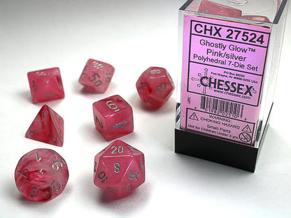 Chessex: 7 Piece Dice Set - Ghostly Glow Pink/Silver