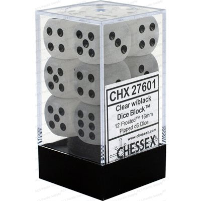 Chessex: 12D6 16MM Dice - Frosted Clear/Black