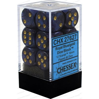 Chessex: 12D6 16MM Dice - Scarab Royal Blue/Gold