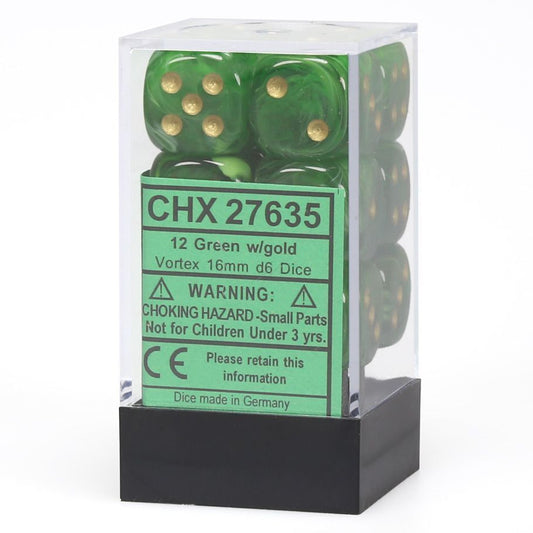 Chessex: 12D6 16MM Dice - Vortex Green/Gold