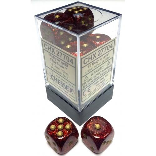 Chessex: 12D6 16MM Dice - Glitter Ruby/Gold
