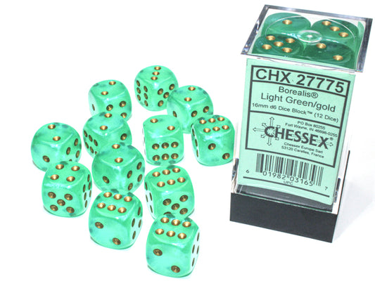 Chessex: 12D6 16MM Dice - Borealis Light Green/Gold Luminary
