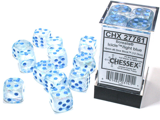 Chessex: 12D6 16MM Dice - Borealis Icicle/Light Blue Luminary
