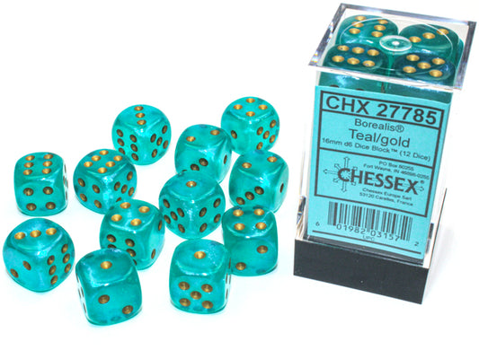 Chessex: 12D6 16MM Dice - Borealis Teal/Gold Luminary