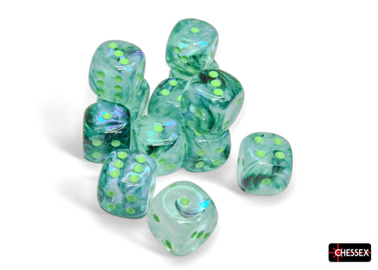 Chessex: 12D6 16MM Dice - Borealis Kelp/Light Green Luminary