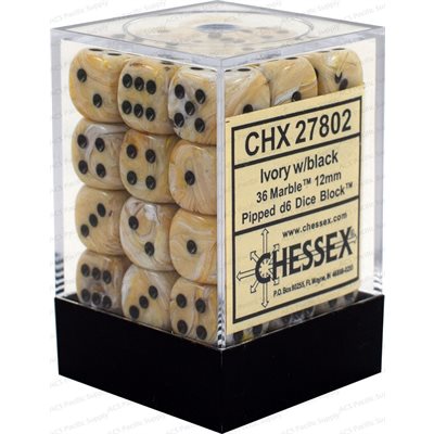 Chessex: 36D6 12MM Dice - Marble Ivory/Black