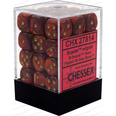 Chessex: 36D6 12MM Dice - Scarab Scarlet/Gold