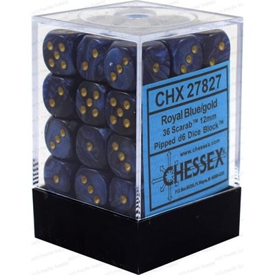 Chessex: 36D6 12MM Dice - Scarab Royal Blue/Gold
