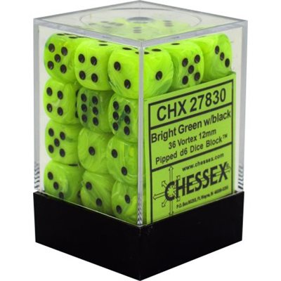 Chessex: 36D6 12MM Dice - Vortex Bright Green/Black