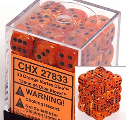 Chessex: 36D6 12MM Dice - Vortex Orange/Black